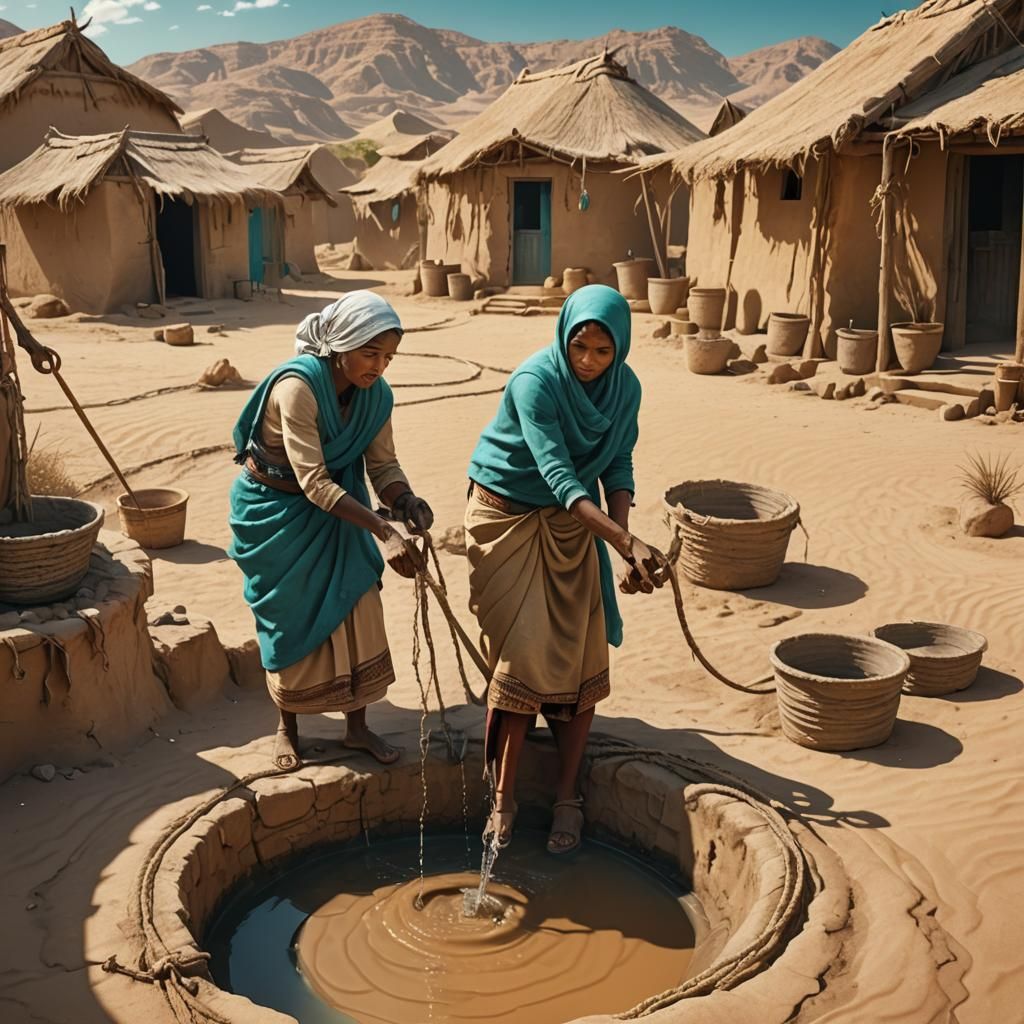 Desert Village Woman Pulling Water: Digital Matte Painting