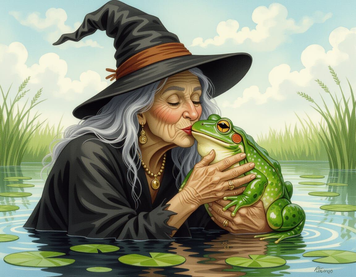 Old Hag Witch Kisses A Frog