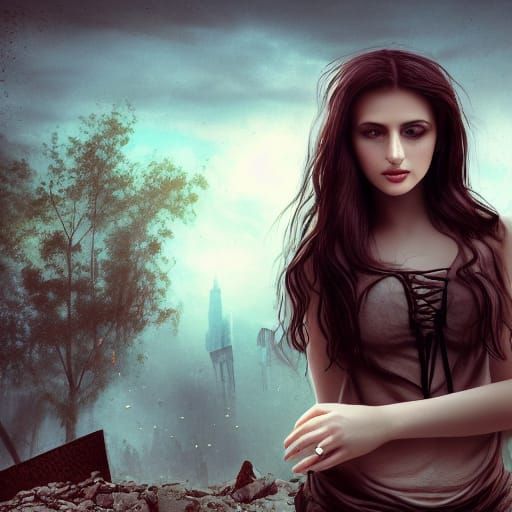 Albanian Girl in Ruins: Detailed Matte Painting