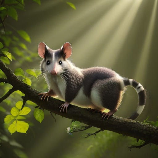 Hyperrealistic Opossum on Branch in Sunlight