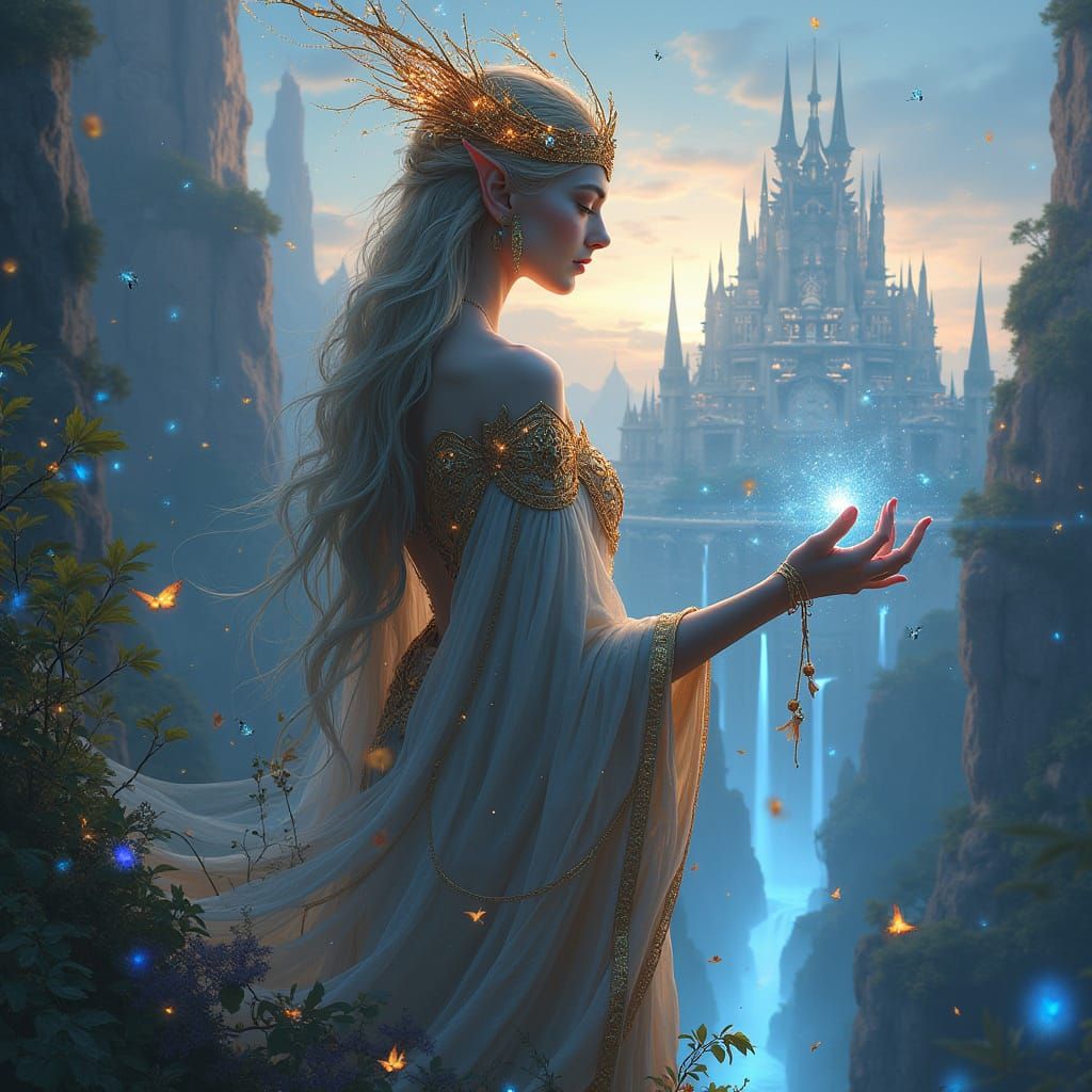 Regal Elven Queen Reigns Over Ethereal Fantasy Realm