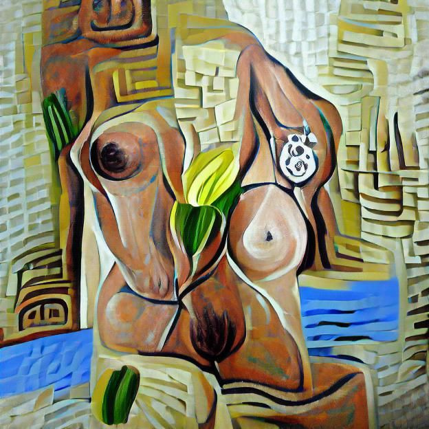 Exotic Female Nude Oil Painting in Cubist Style