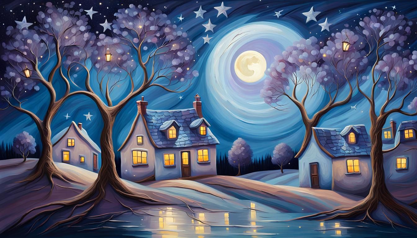 Dreamy Whimsical Village Landscape in Oil Painting Style