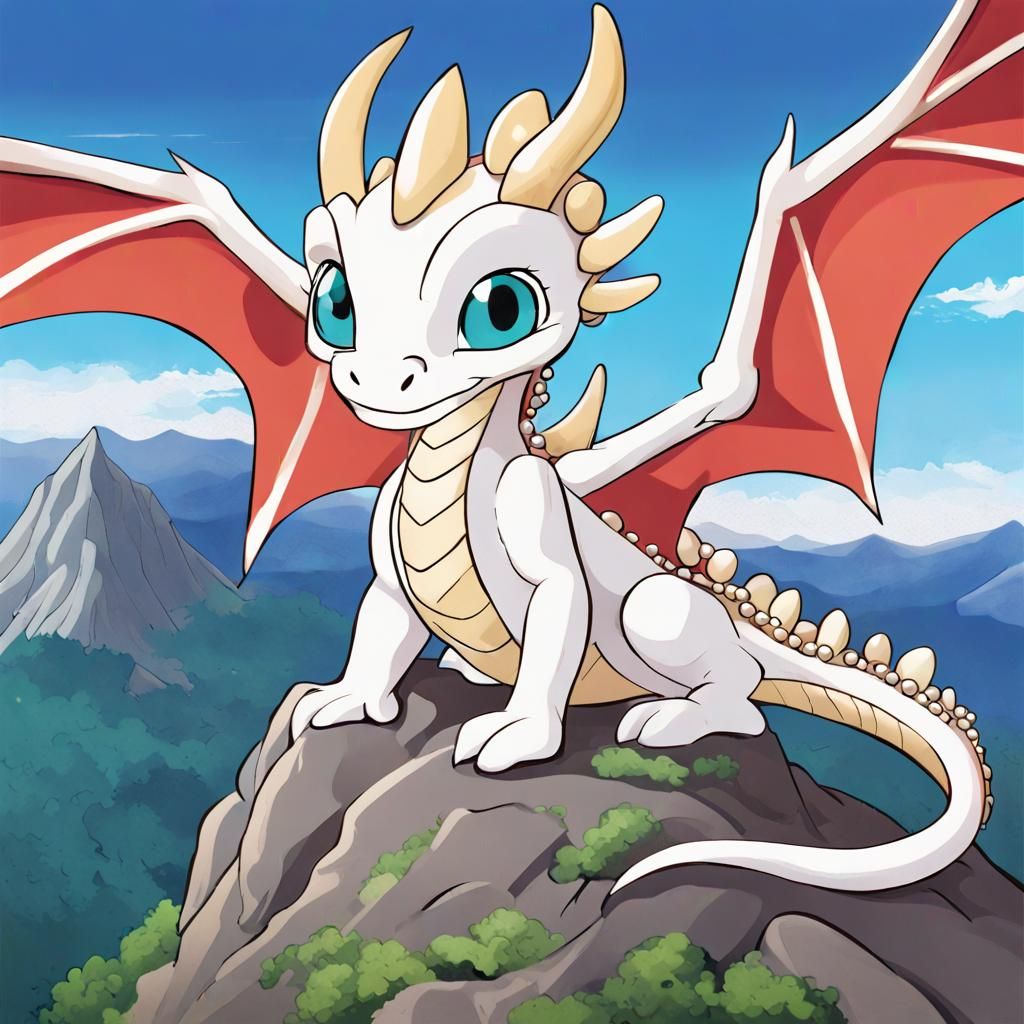 Pearl Dragon Family on Mountain Top in Anime Style