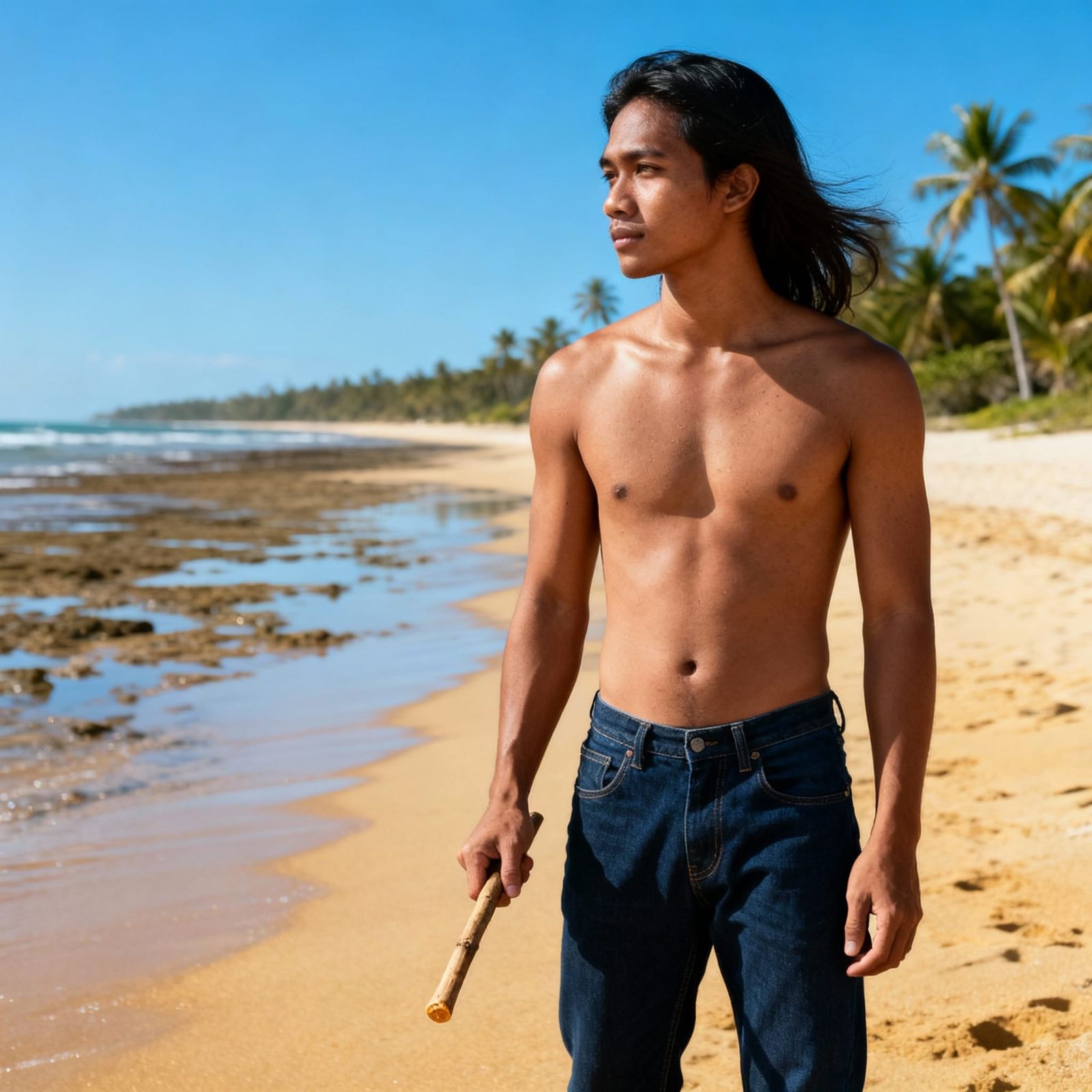 Thai Man on Beach with Stick, Photorealistic