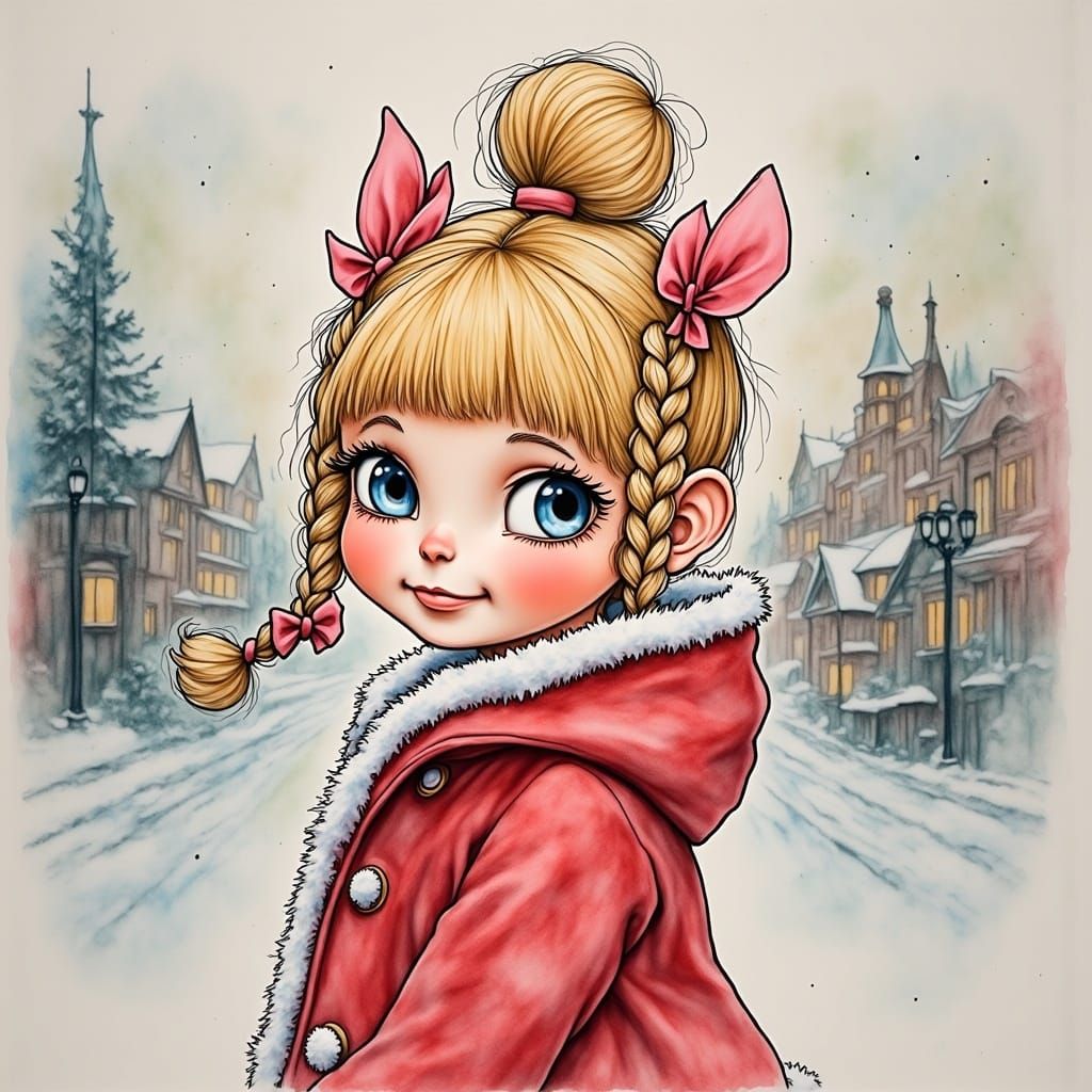 CindyLou Who in Santa Coat, Whoville Village Background