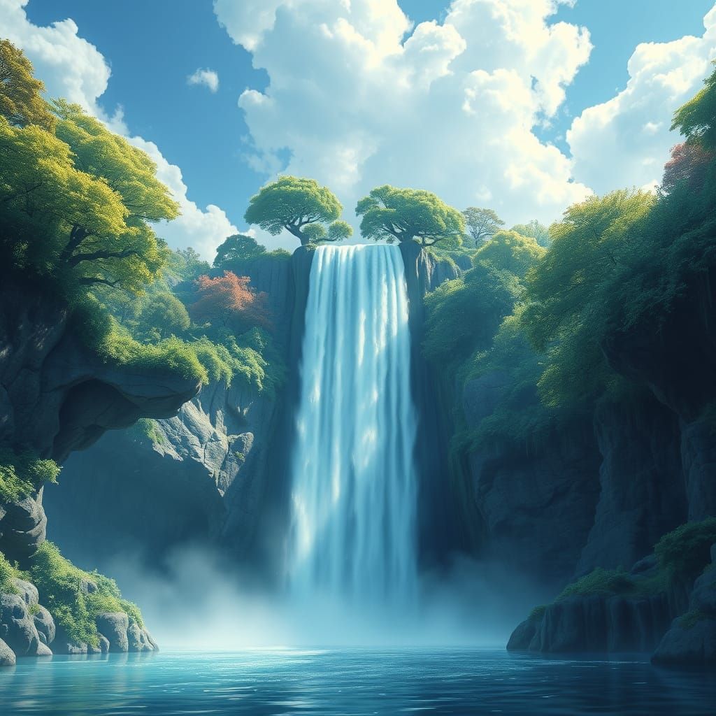 Impossible Waterfall Flows Upwards Amidst Floating Trees