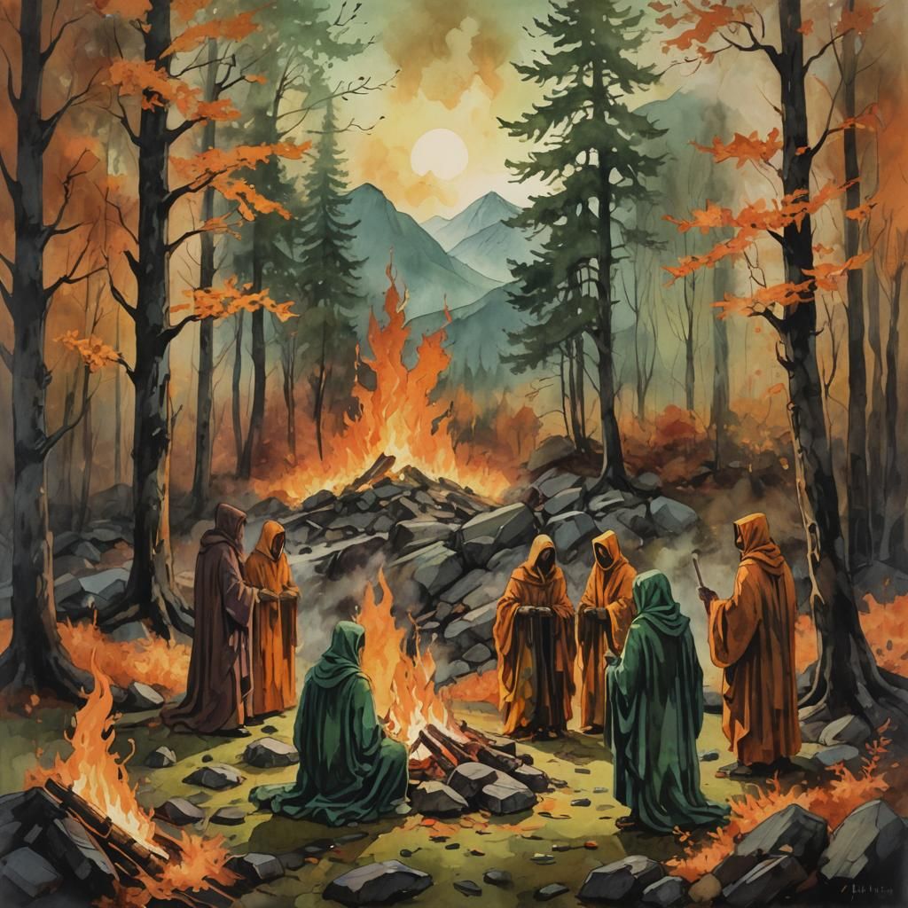 Celtic Ritual in Autumnal Mountains: Expressionist Art