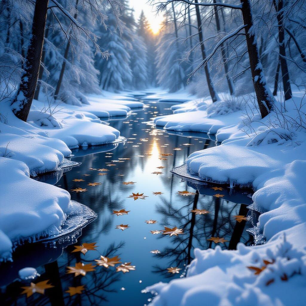 Serene Forest River Freezing Over in Magical Ice Formations