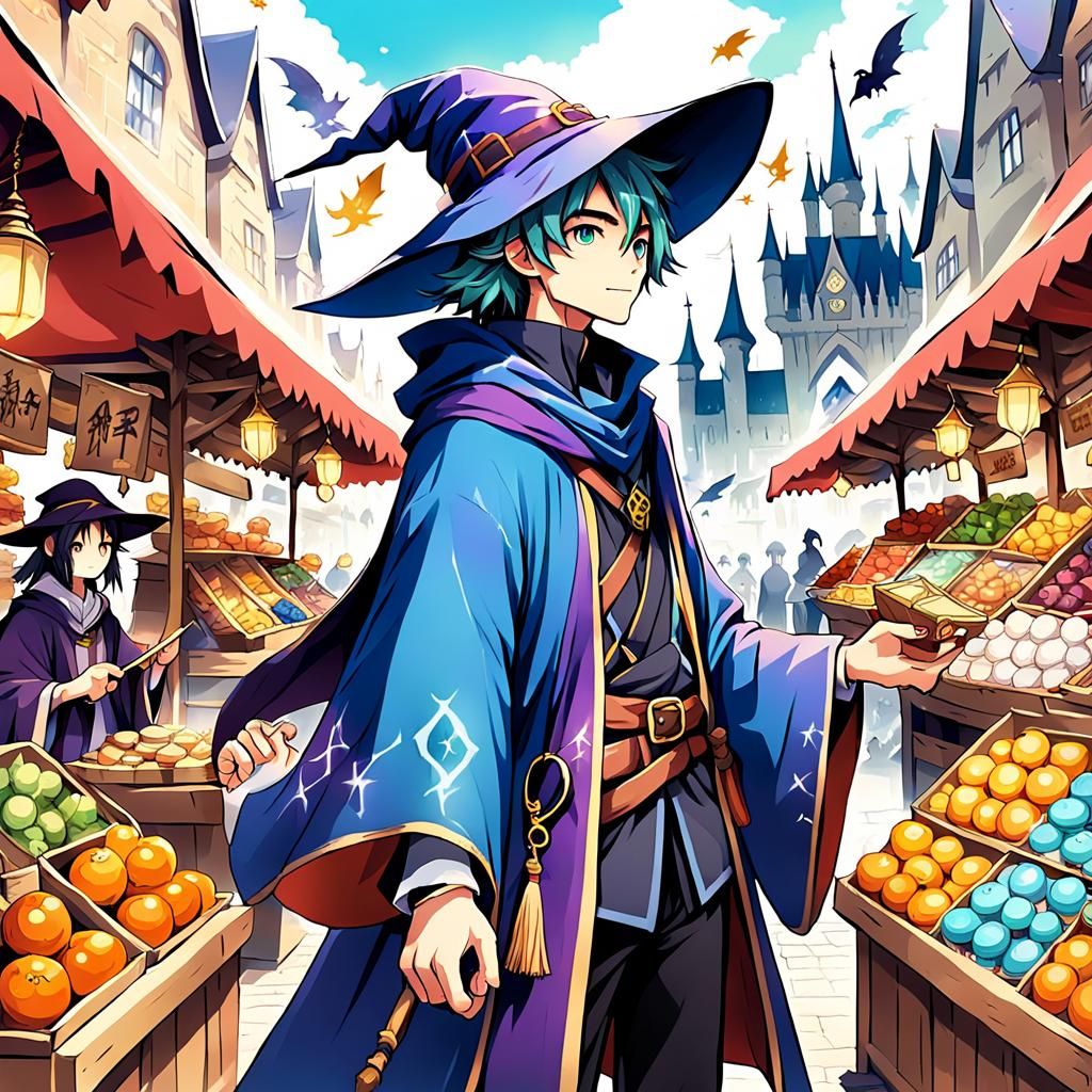 Anime Style Wizard Boy in Bustling Market