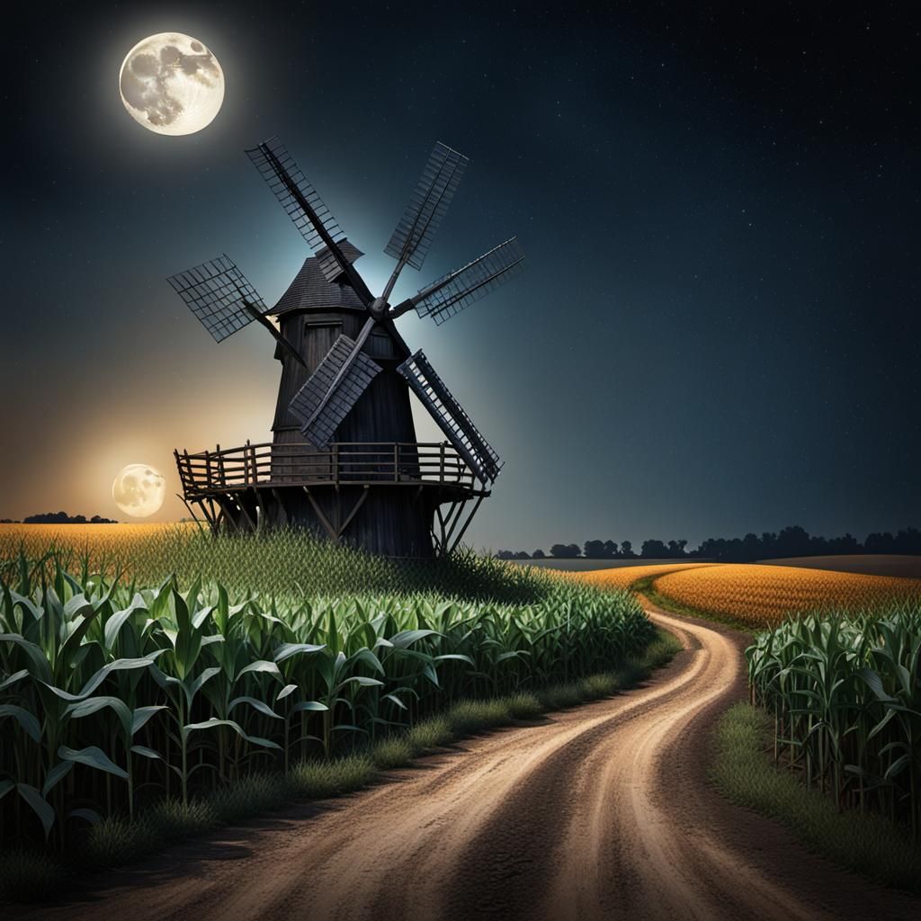 Old Wooden Windmill Under Moonlight