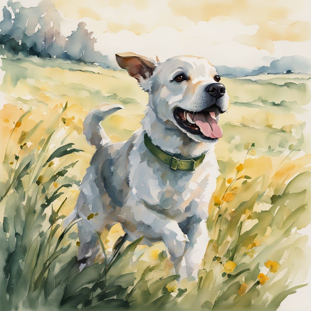 Whimsical Watercolor Portrait of a Happy Dog