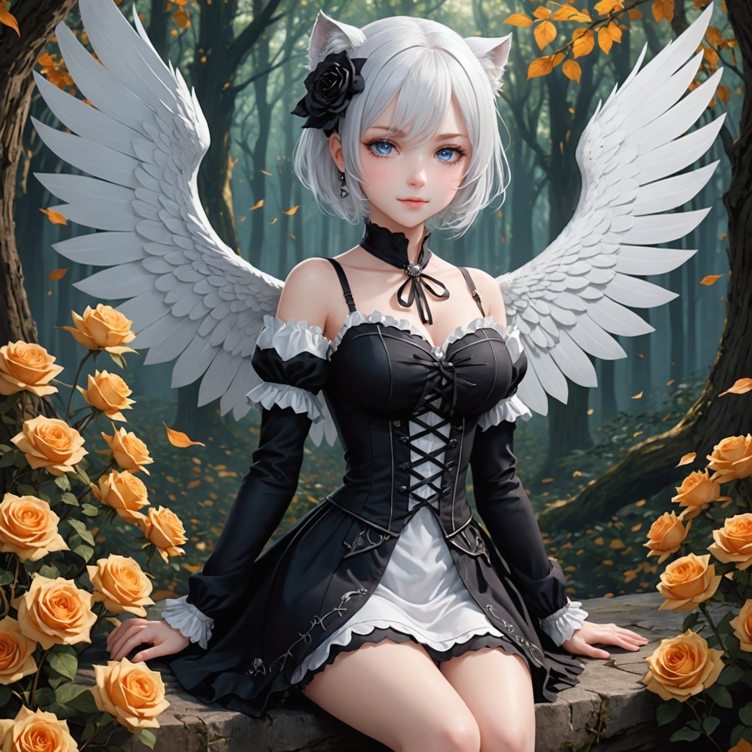 Fair-Skinned Woman with Wings in Moonlit Forest