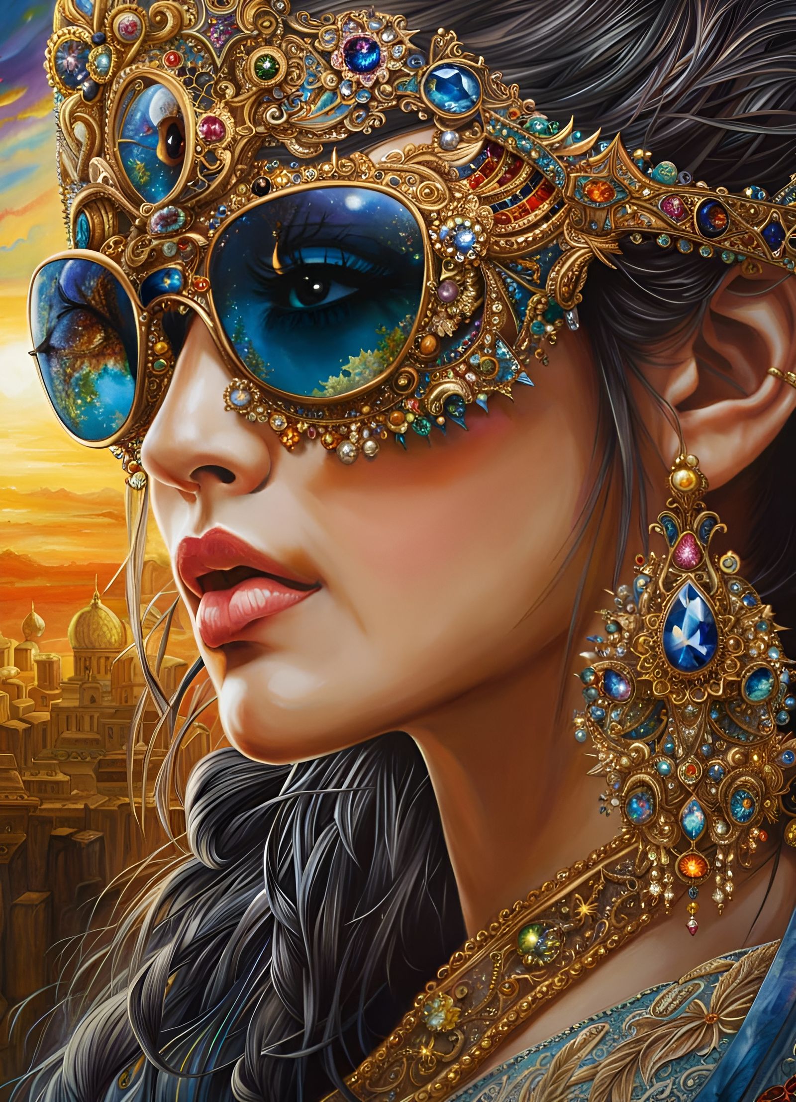 Jeweled Star Sunglasses on Norse Goddess: Hyperdetailed Art