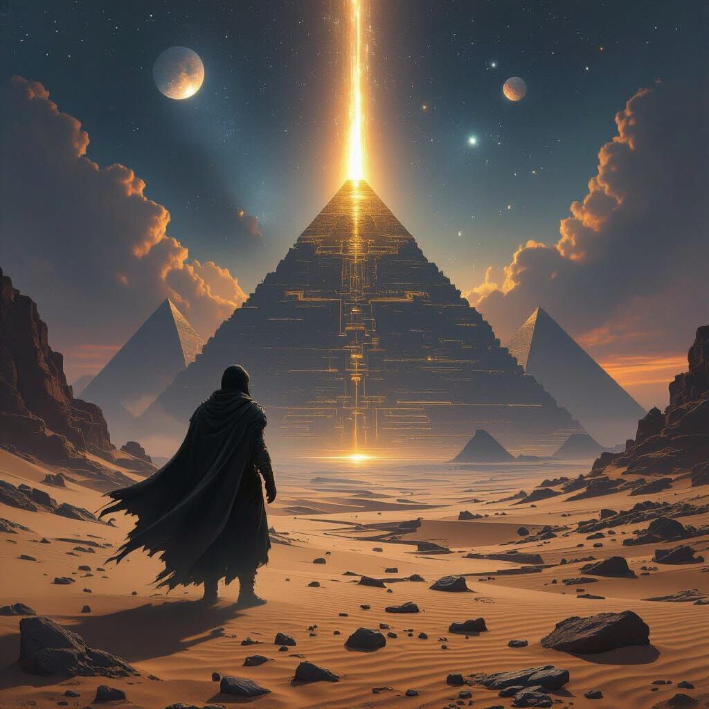 Lone Traveler on Fractured Sands Under Tri-Suns