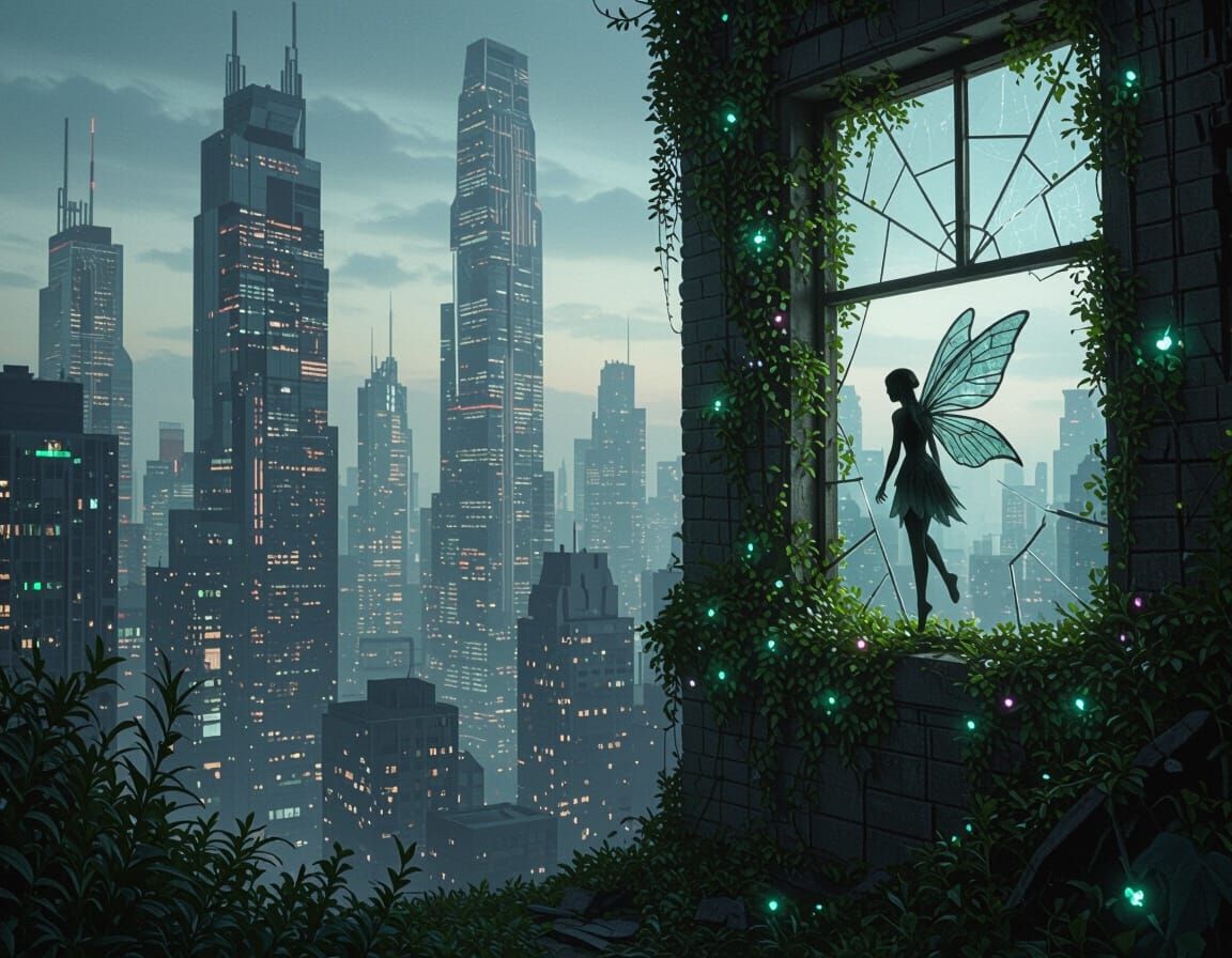 Surreal Sci-Fi Cityscape Overgrown With Bioluminescent Plant...