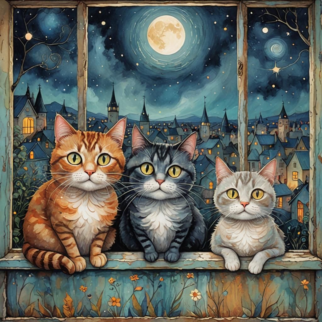 Whimsical Cats on Windowsill in Magical Moonscape