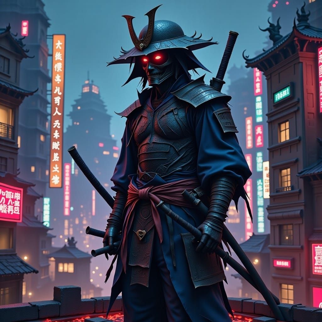 Cyberpunk Samurai with Katana on Neon Rooftop