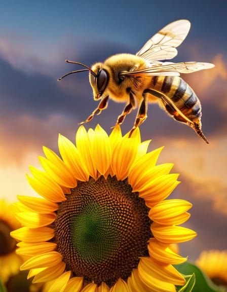 Honeybee Buzzing Over Sunflower in Golden Light