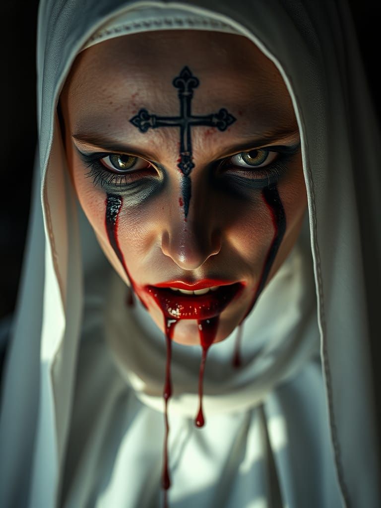 Frightening Nun Portrait with Leaking Makeup