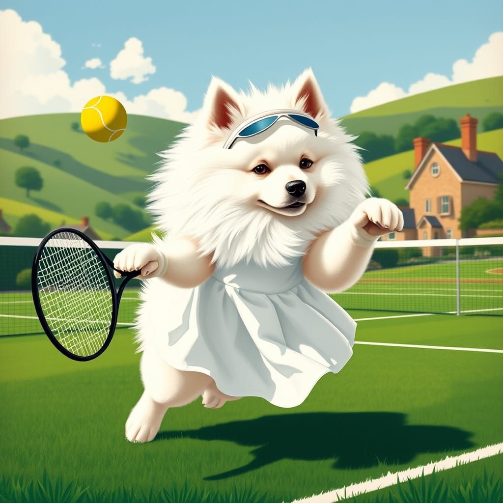 Samoyed Dog Plays Tennis in Vintage Poster Style