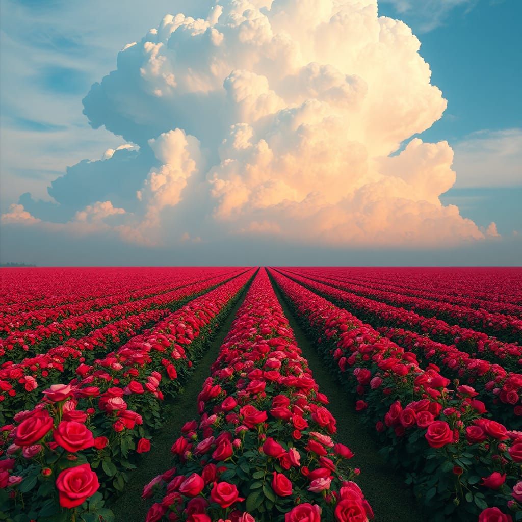 Vast Rose Field with Iridescent Cumulonimbus Cloud