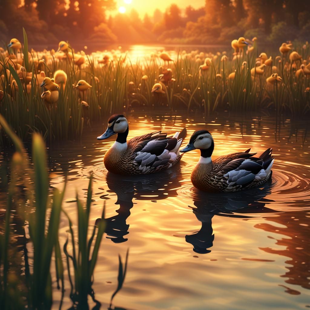 Ducks and Ducklings at Sunset: Realistic Matte Painting