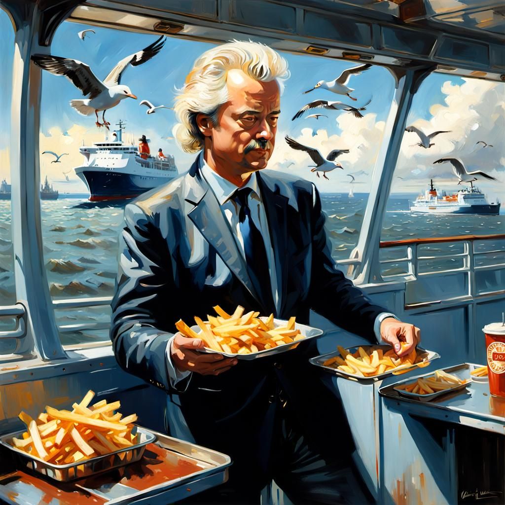 Man with Fries on Ferry Deck in Hyperrealism
