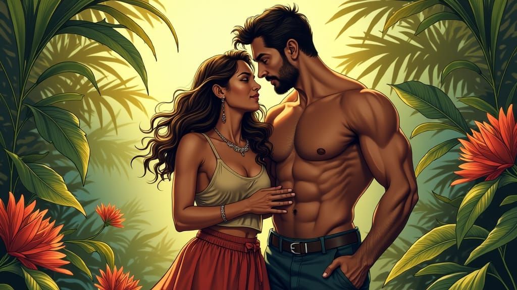 Protective Embrace in the Jungle, Comic Book Style