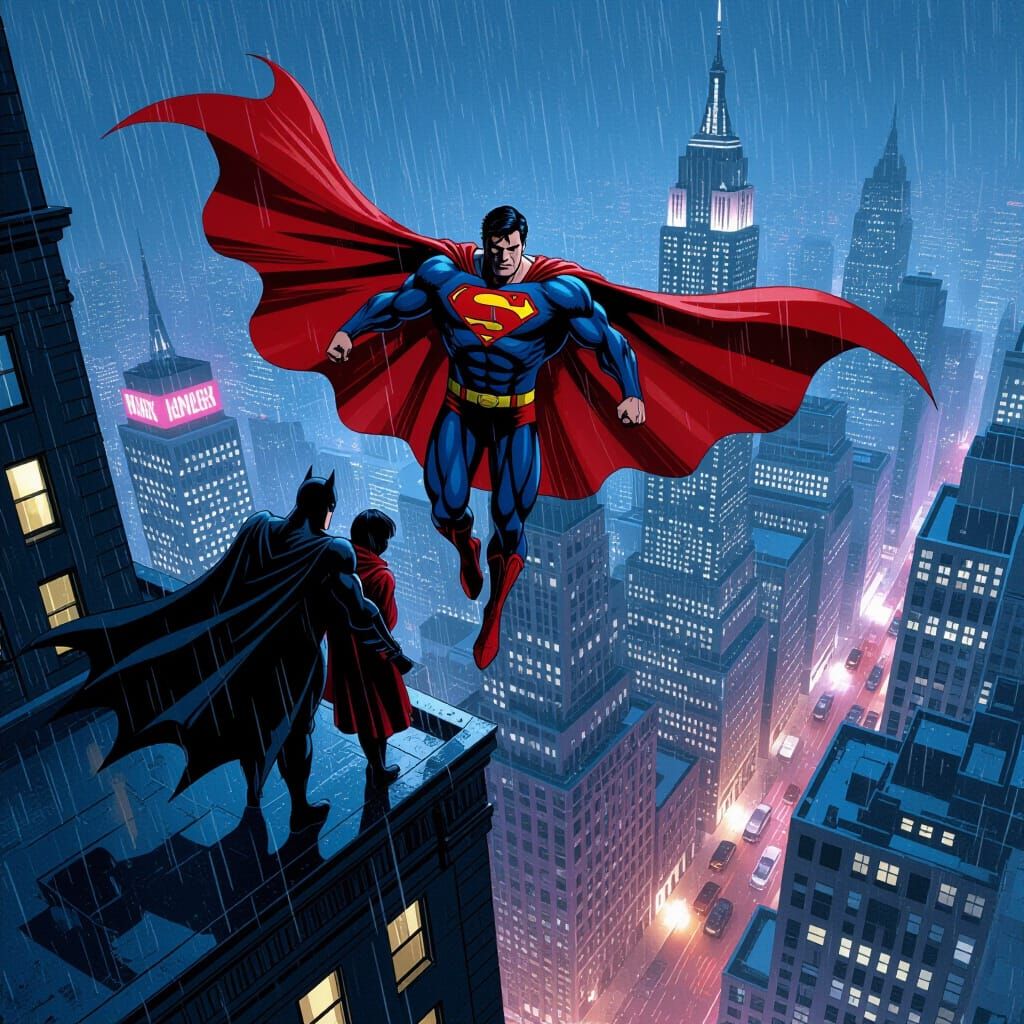 Superman Hovers as Batman Protects in Rainy New York