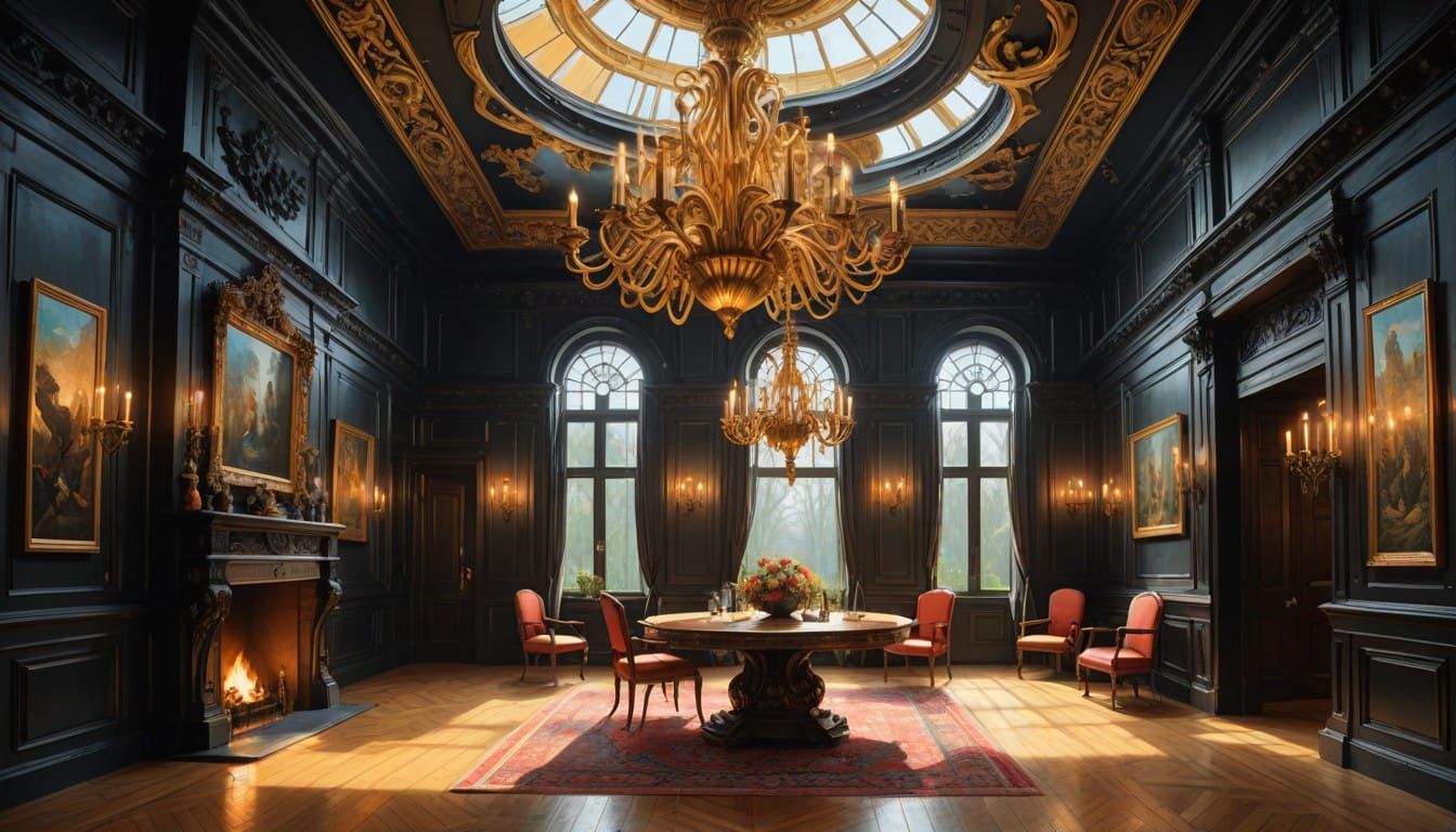 Sweeping Medieval Reception Hall with Majestic Chandelier