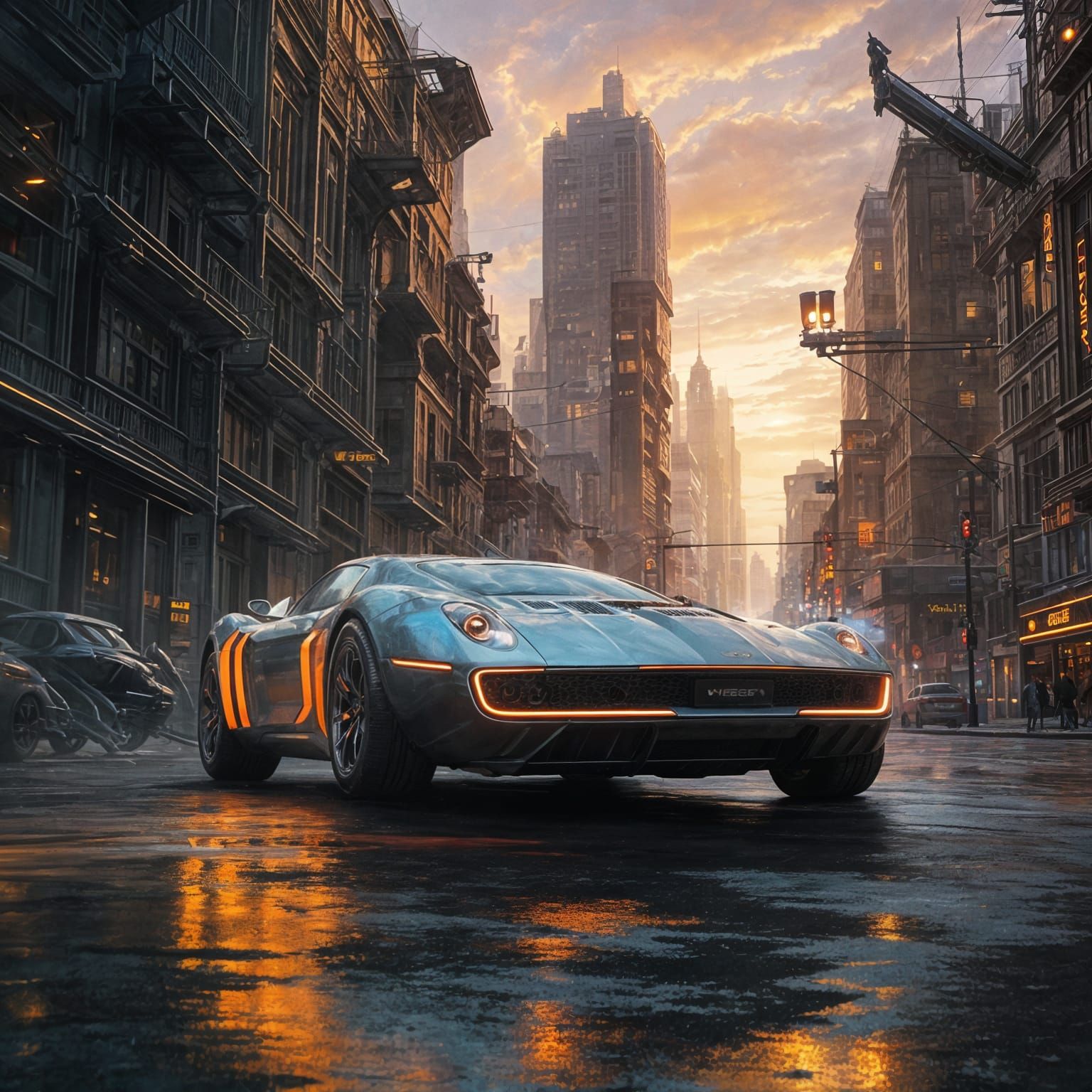 Sci-Fi Car Over Neon City in Gouache Style