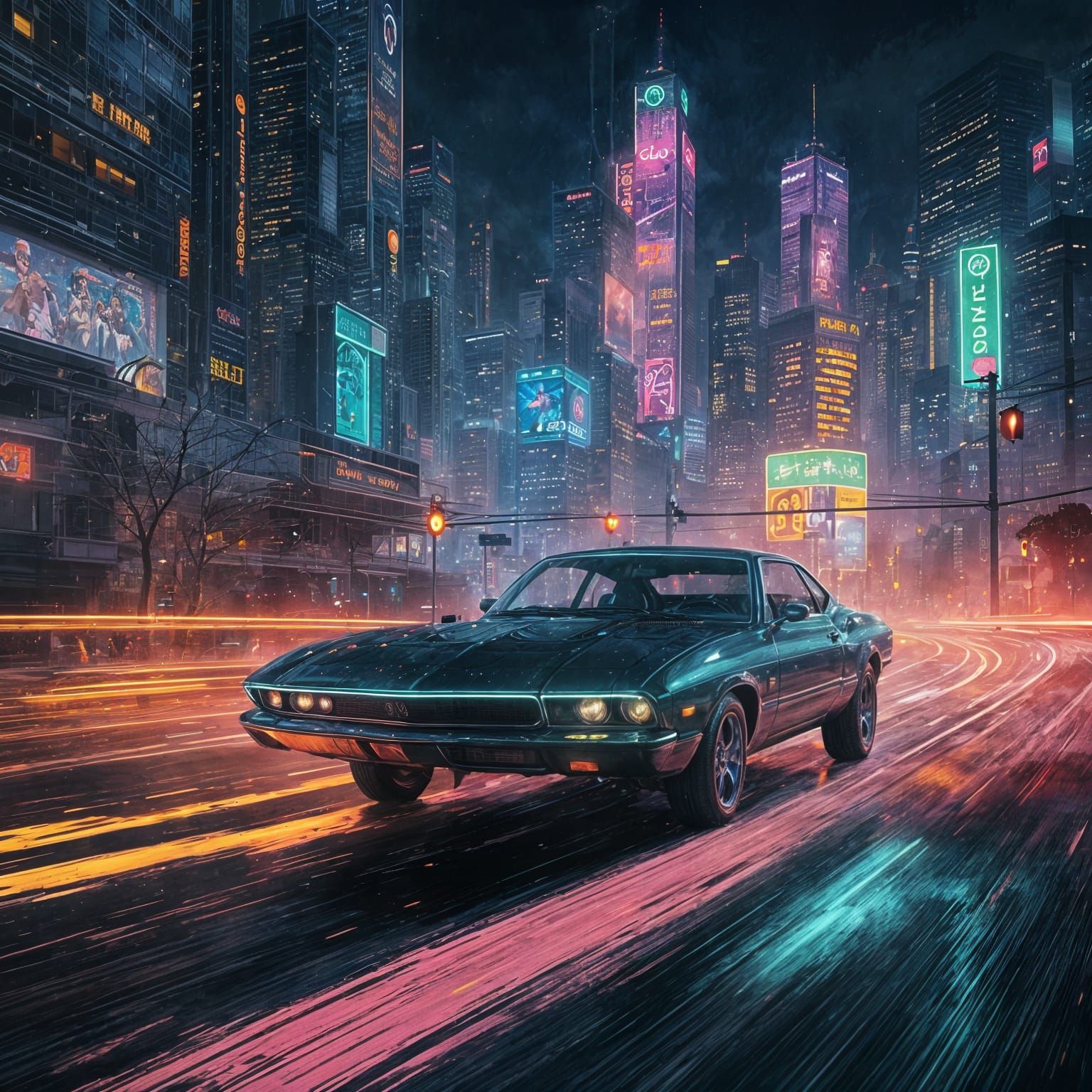 Sci-Fi Car Hovering Over Neon City in Gouache Style