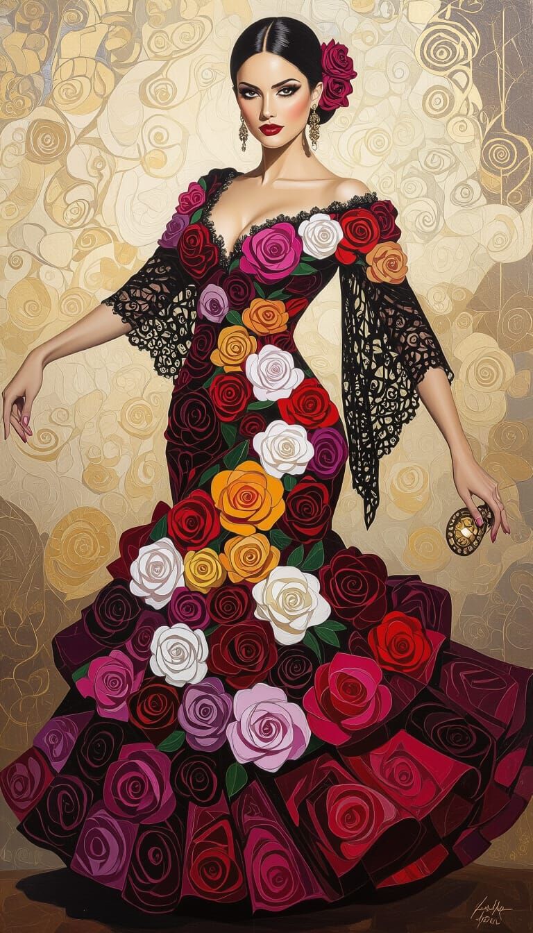 Flamenco Dancer in Floral Dress, Dark Fantasy Oil Painting