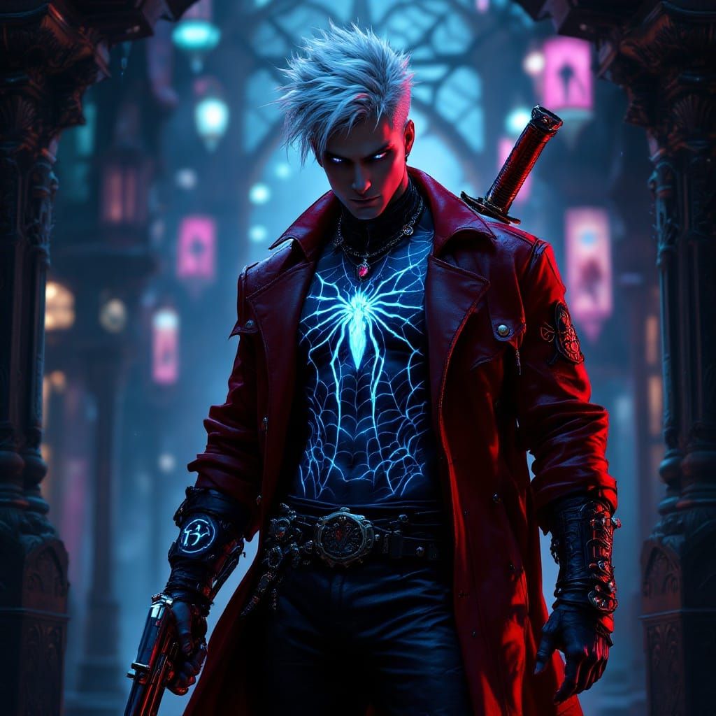 Goth Demon Hunter Dante in Intricate Red Leather Armor, Neon...