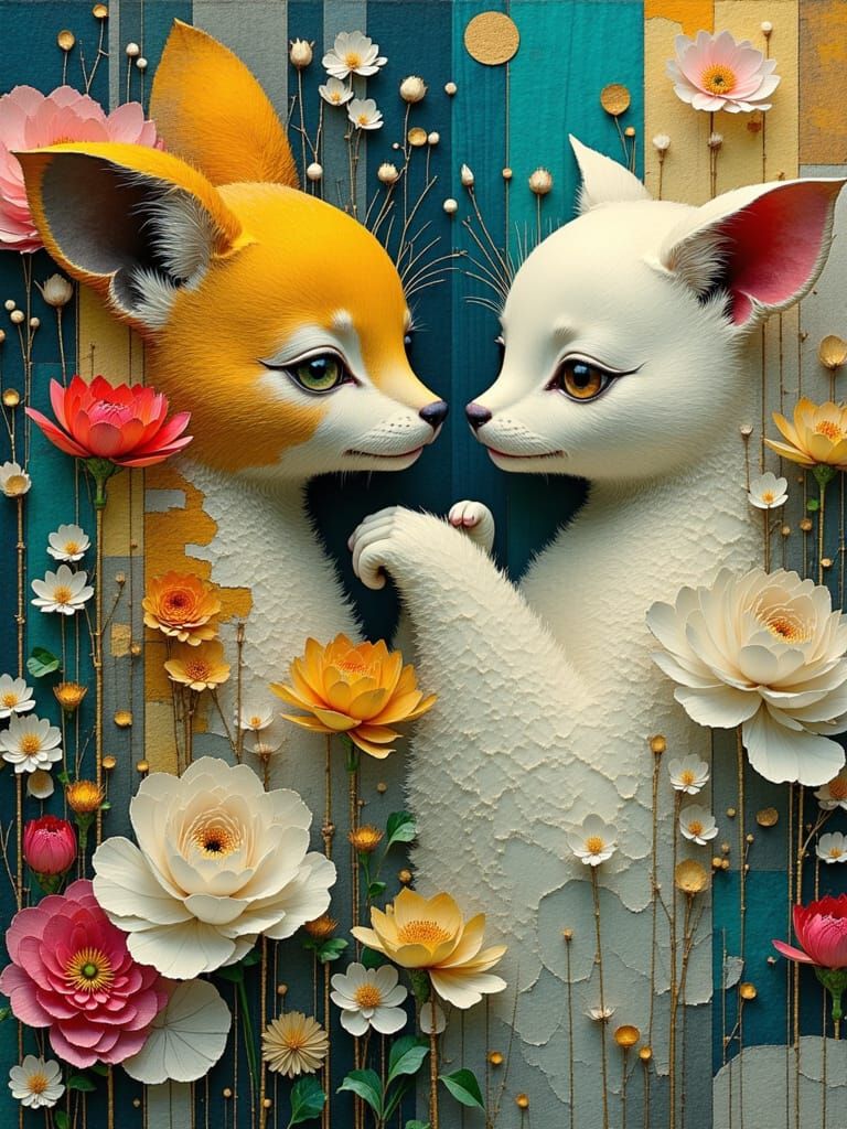 Luxurious Animals in Vibrant Fabrics and Furs, with Chrysant...