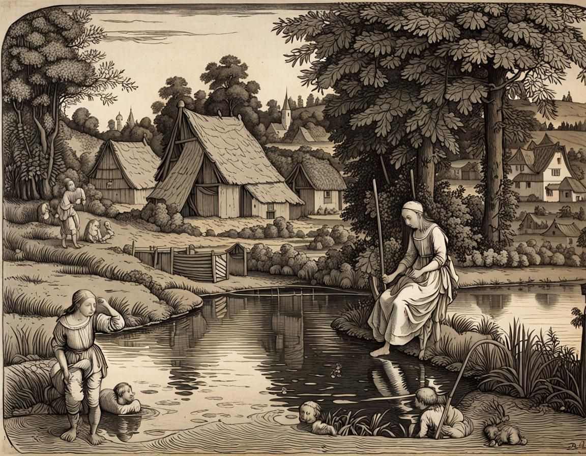 Girl Bathing in Pond, Albrecht Dürer Style