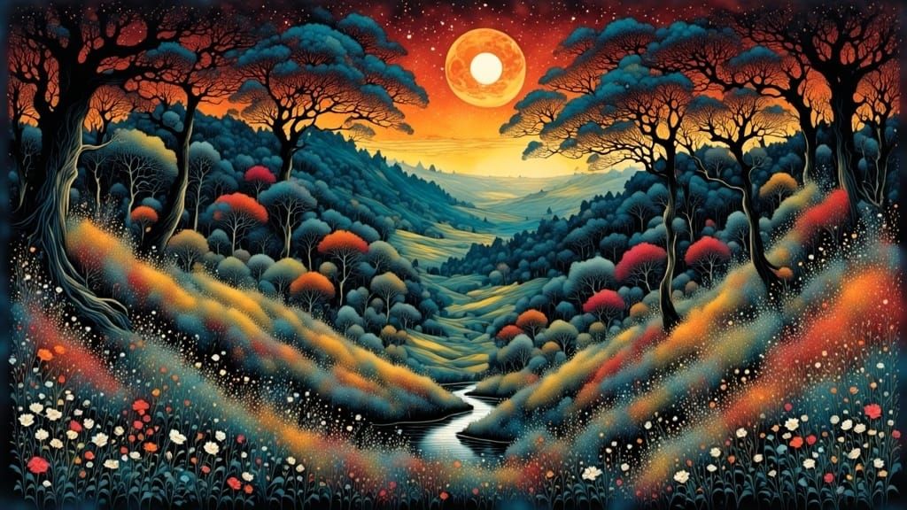 Enchanted Garden in Black Light Art Style