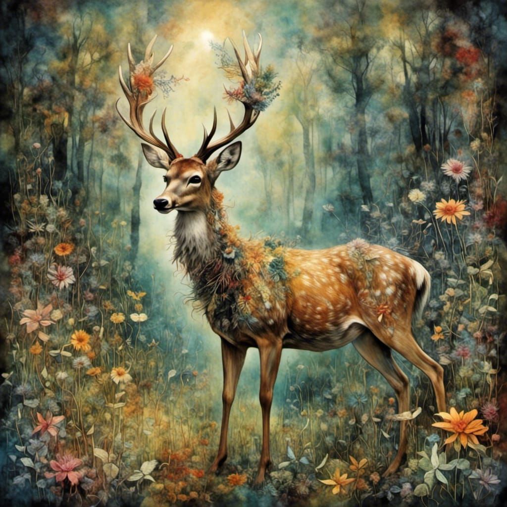 Deer in Sunlit Forest Glade with Ferns