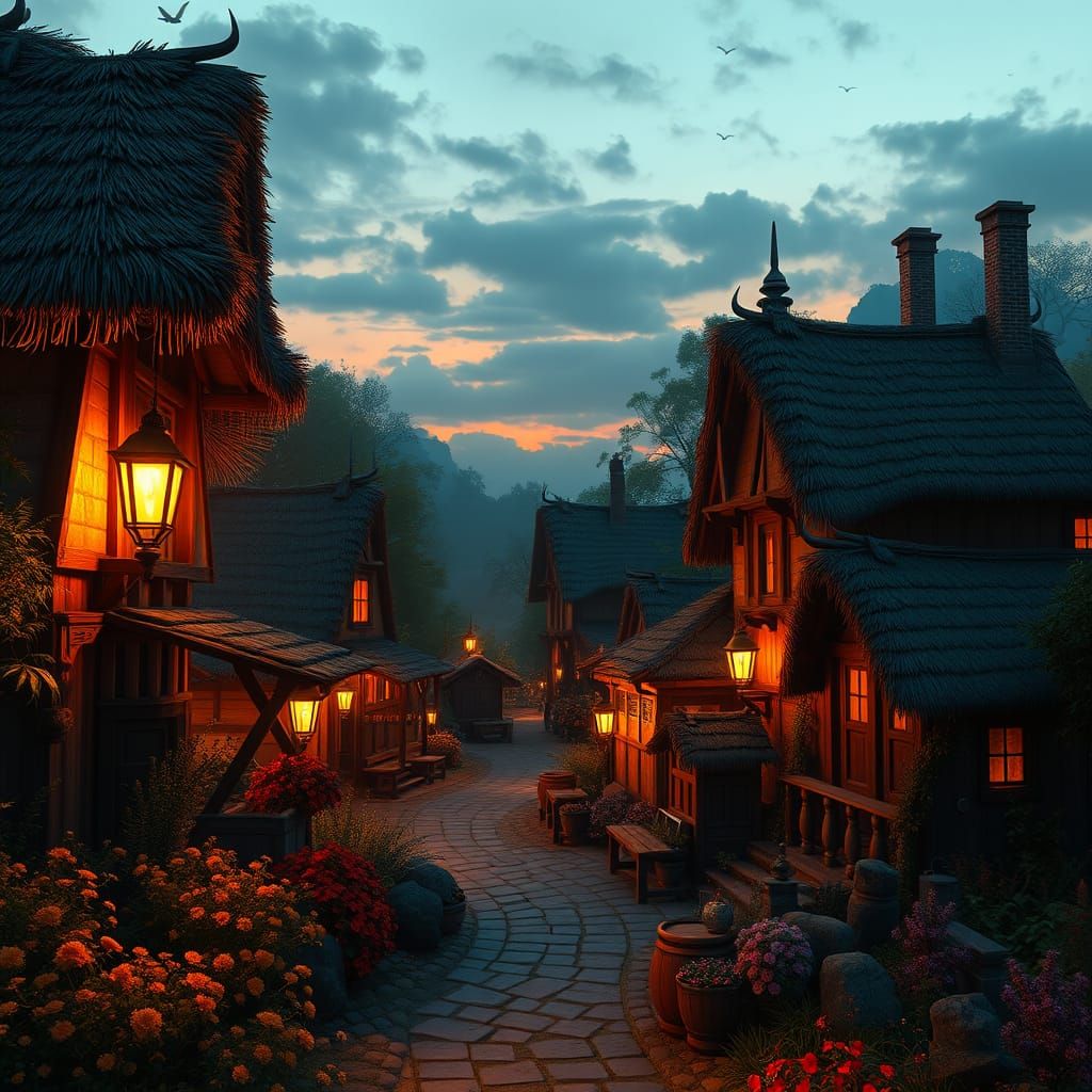 Whimsical Village at Sunset in Dreamlike Art Style
