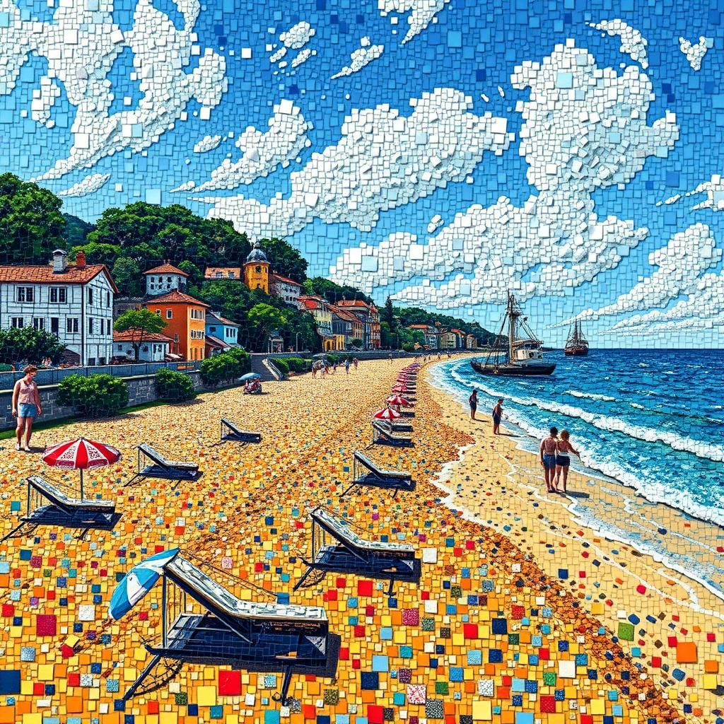 Pixelated Mosaic Beach Scene in Neo-Impressionist Style