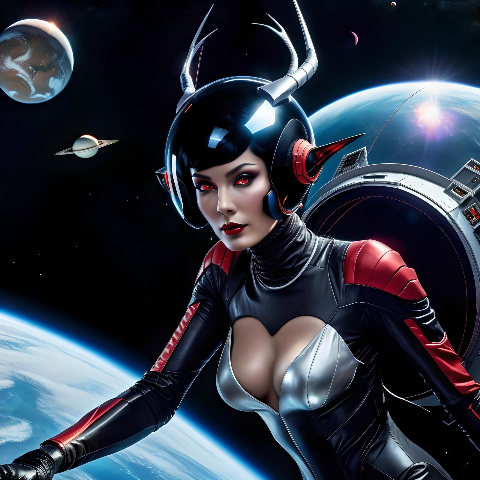 Antlered Woman in Spacesuit, Chiaroscuro Style