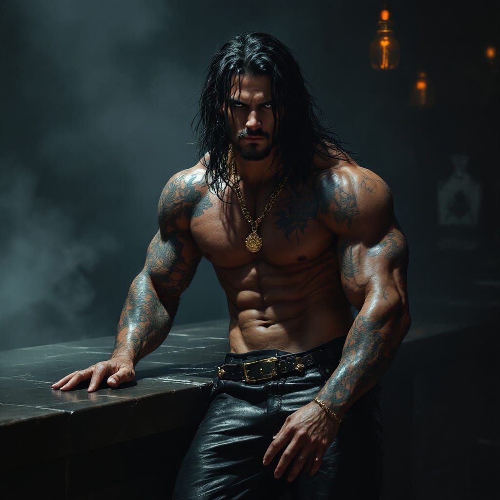 Gothic Cyberpunk Warrior Leans Against Bar Counter