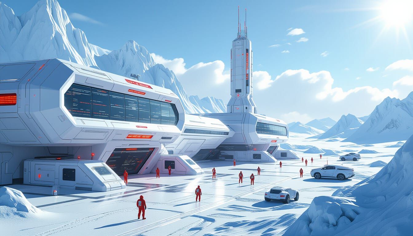 Hyper-Realistic Icy Planet Space Base with Red LED Accents