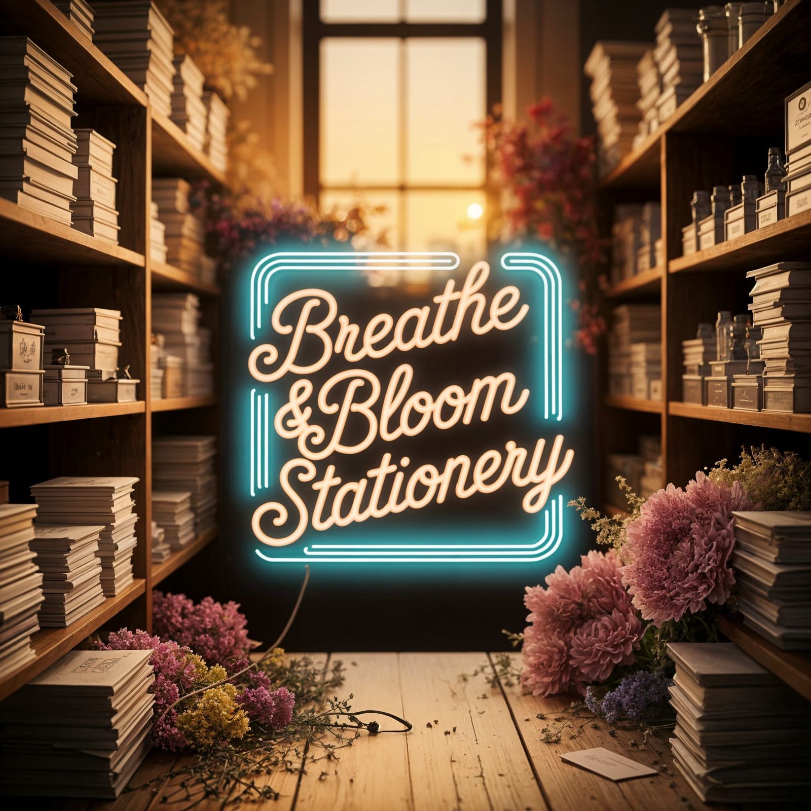 Neon Sign for Stationery Shop in Golden Hour Light