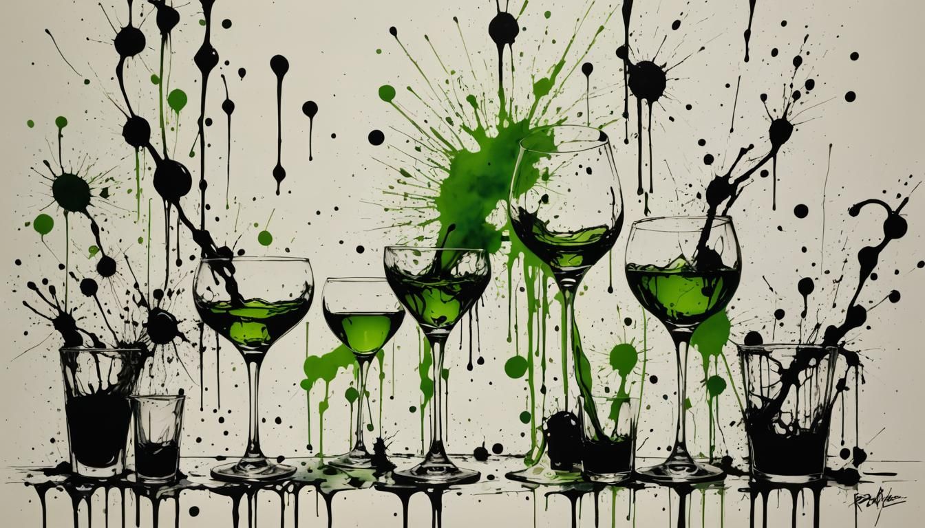 Absinthe Glasses in Surrealist Ink Splatter Style