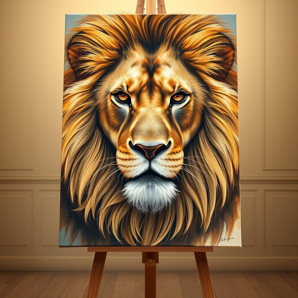 Regal Lion Portrait in Timeless Oil-on-Canvas Style