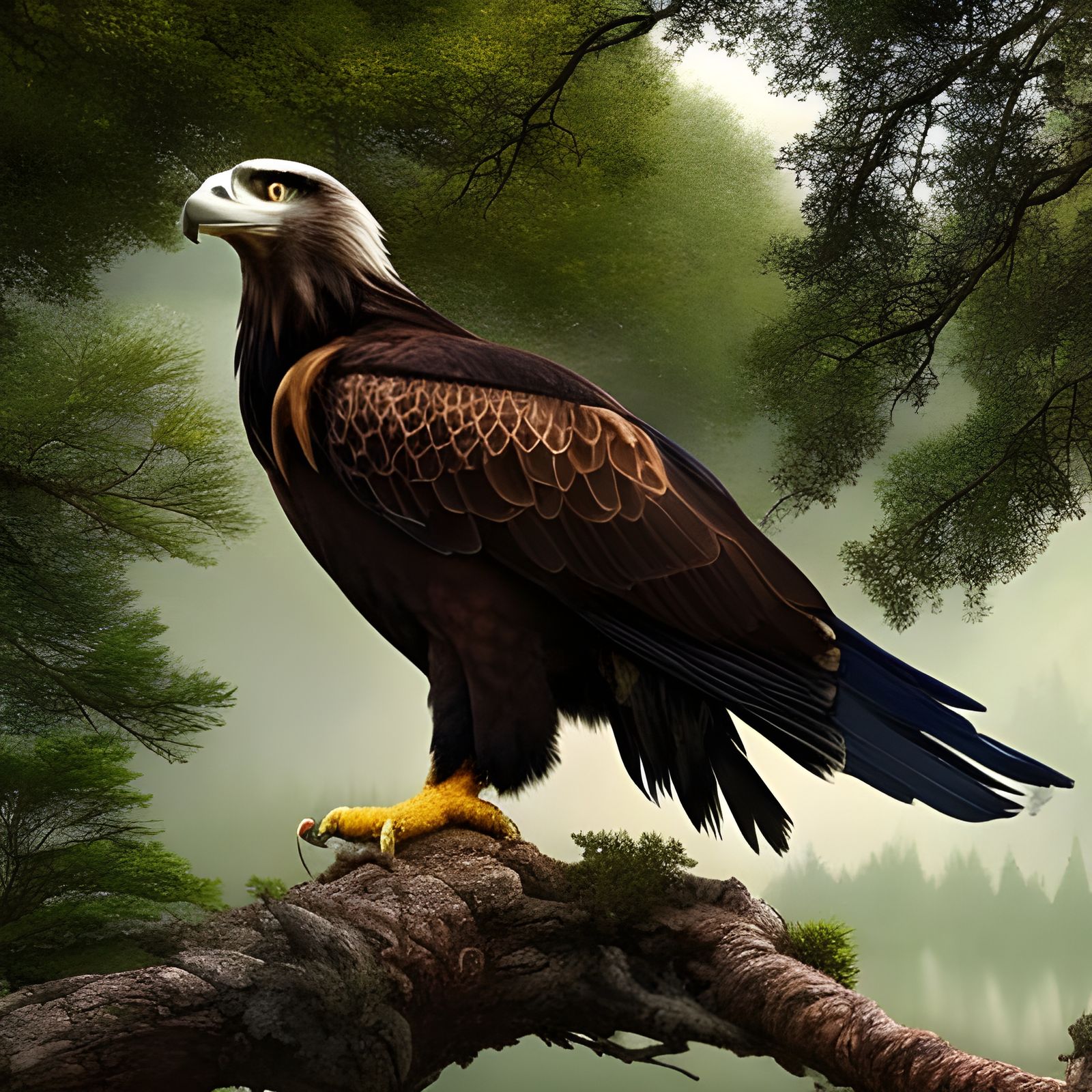 Golden Eagle on Branch: Hyperdetailed Digital Illustration