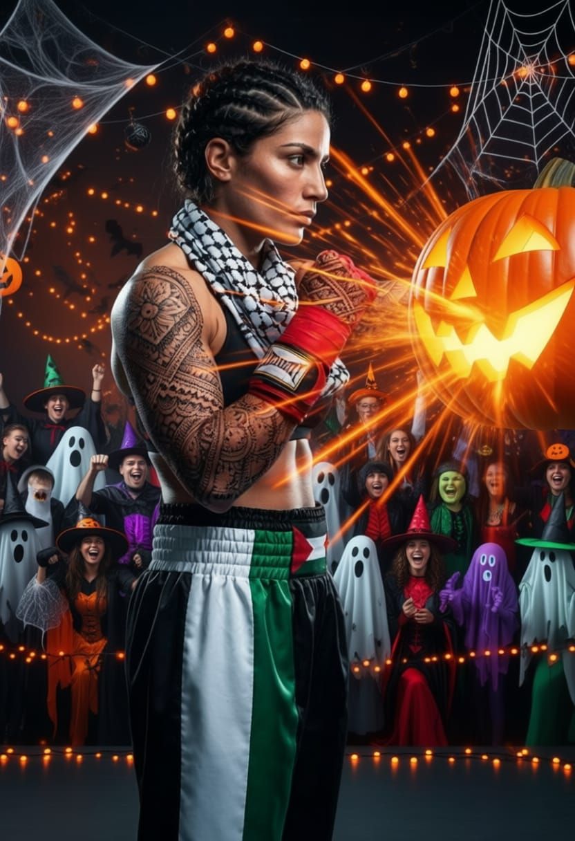 Muscular Boxer with Henna Tattoos in Halloween Gym