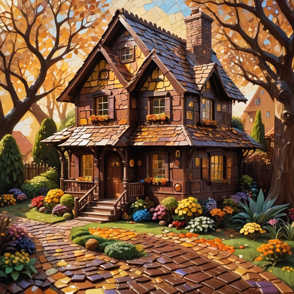 Chocolate House in Sunlit Garden: Whimsical Fantasy Art